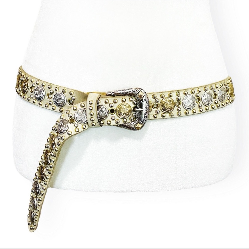 Vintage Sand Castle Leather Gold/Silver Tone Coin Motif Studded Belt